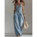 Women's Washed Denim Straight-Leg Loose Sleeveless Strap Jumpsuit with Pockets – 3 Colors