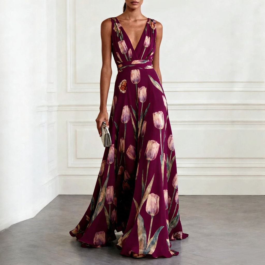 Women's Tulip Print Sleeveless Deep V-Neck A-Line Maxi Dress – 7 Colors