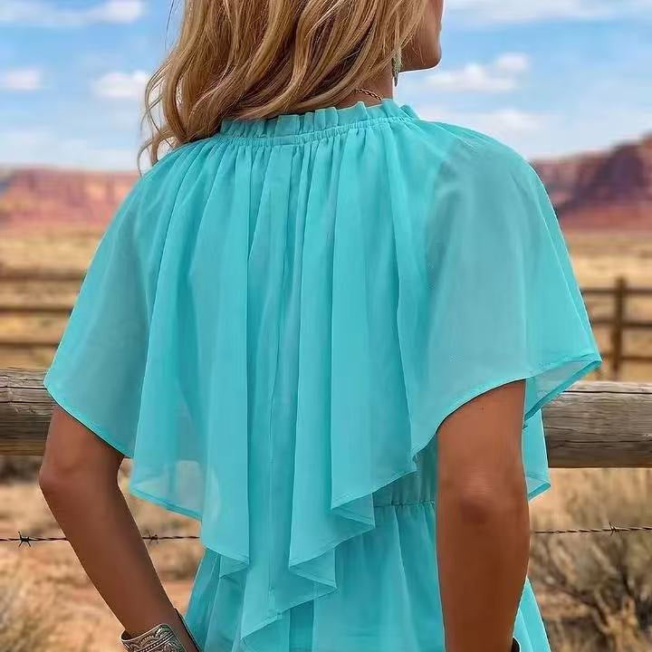 Women's Cross V-Neck Pleated Ruffle Flare Sleeve Chiffon Blouse