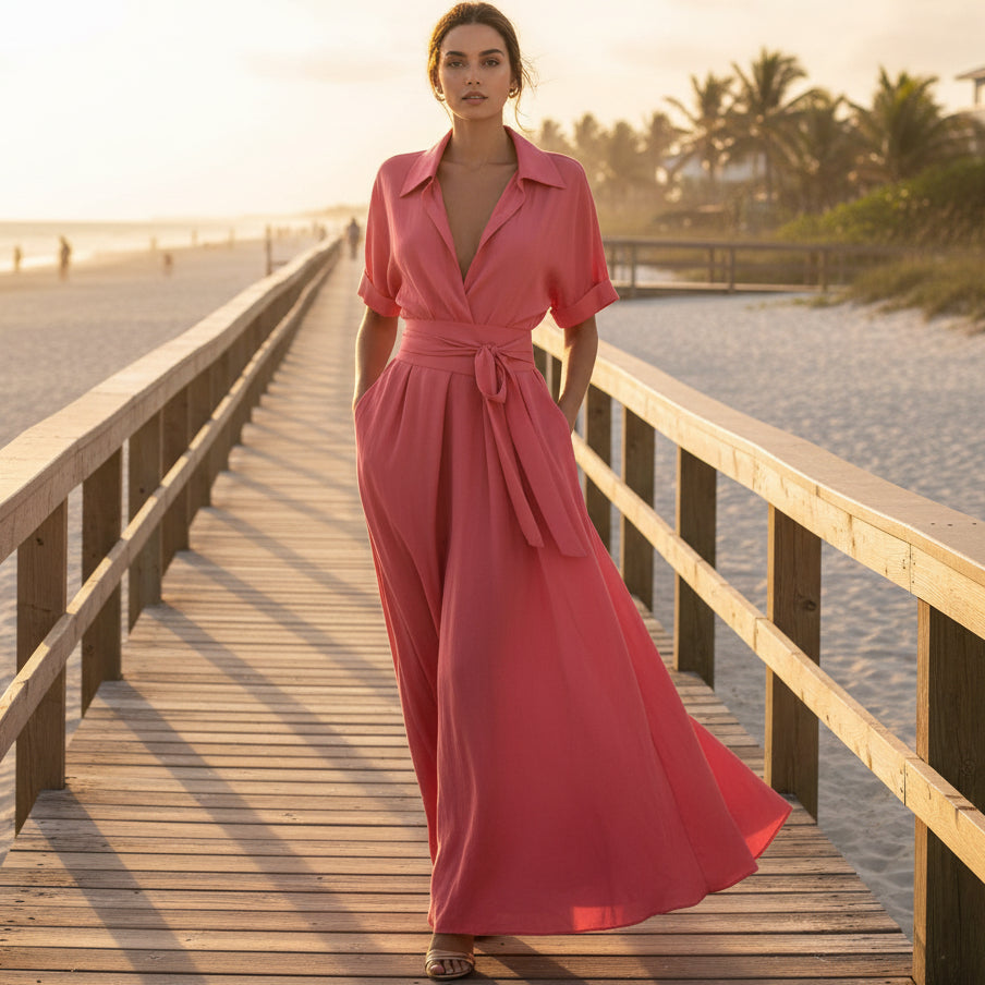Women's Solid Color Waist-Slimming Maxi Dress — Flip Collar
