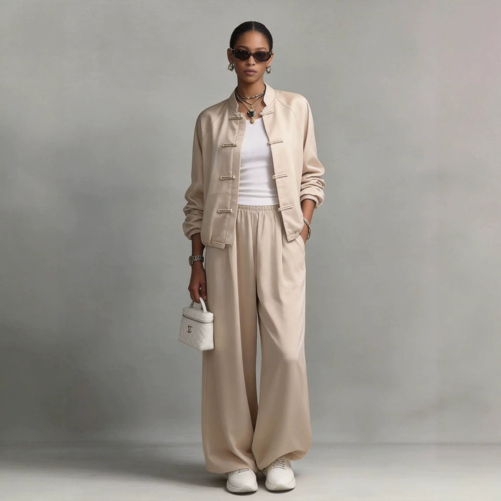Women's Satin Two-Piece Set — Frog Button Jacket & Wide Leg Pants
