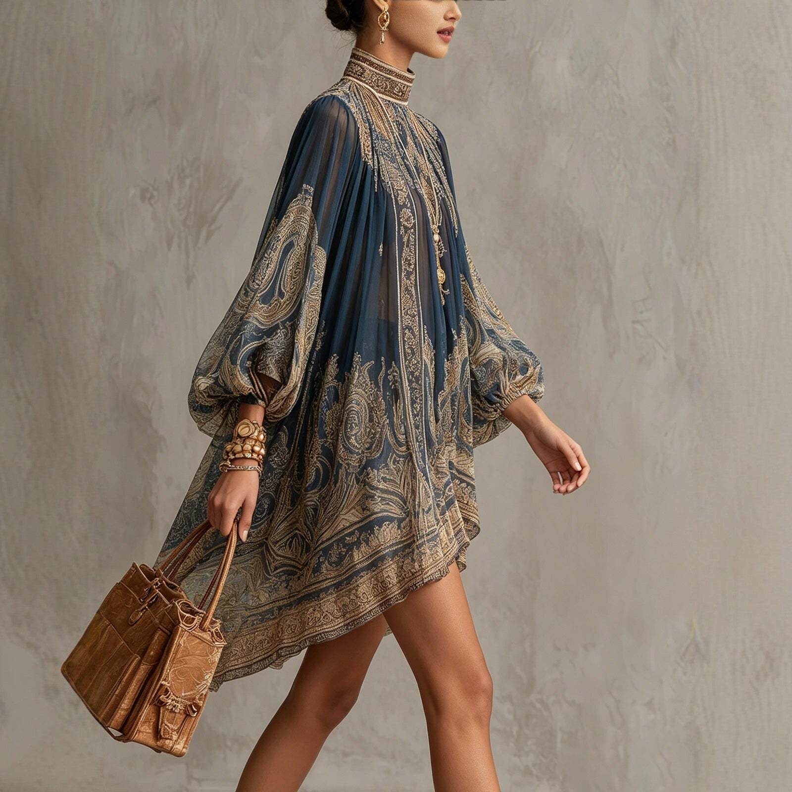 Navy Blue Printed Puff Sleeve Stand Collar Dress – Loose Boho Asymmetric Hem Dress for Women