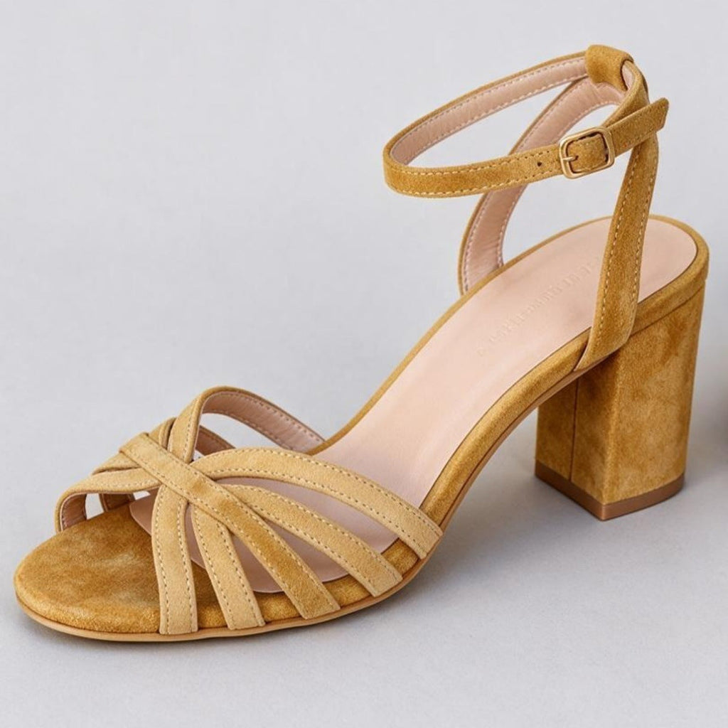 Women's Mustard Yellow Multi-Strap Block Heel Sandals – Open Toe