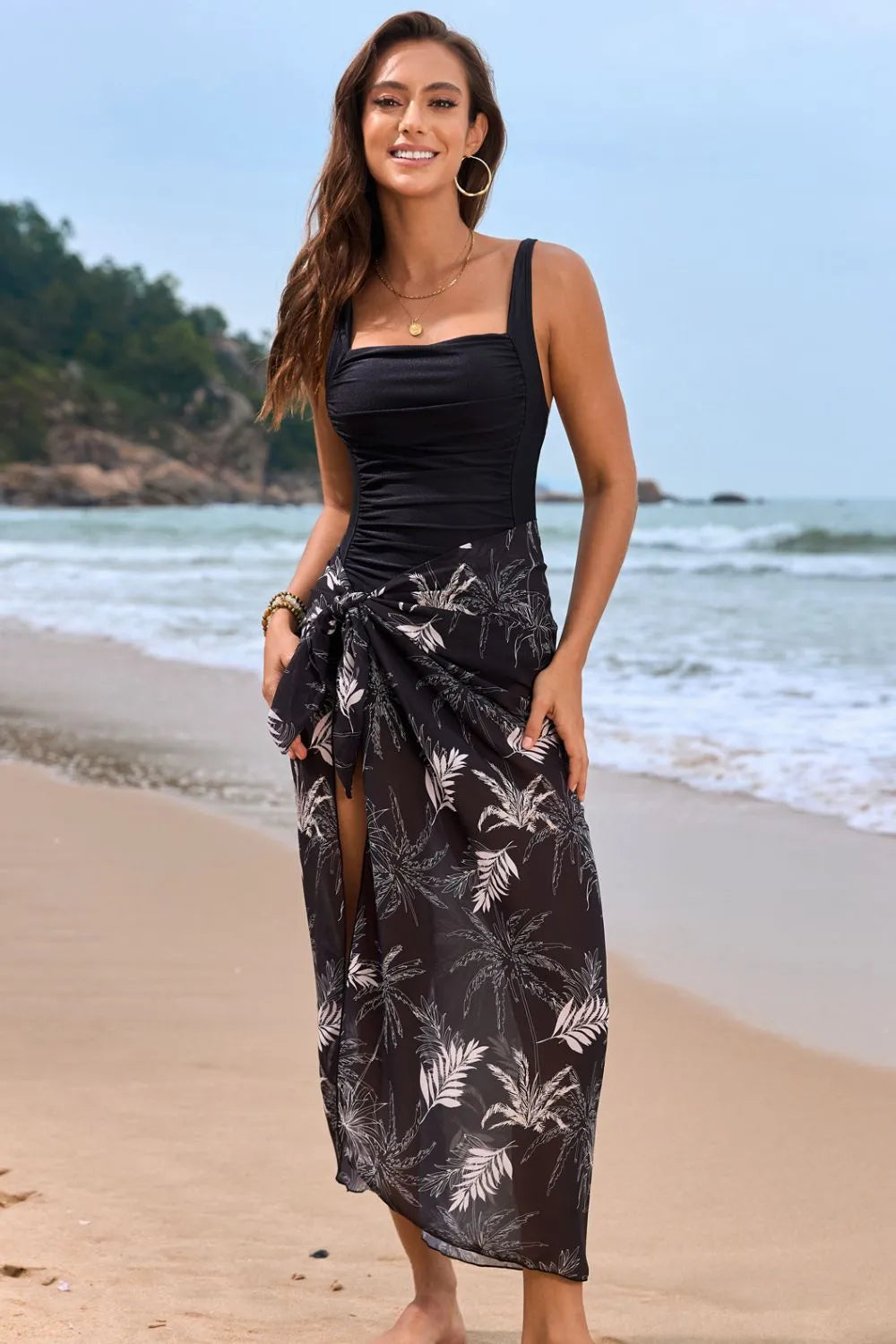 🌺 Square Neck Printed One-Piece Swimwear & Cover-Up Set