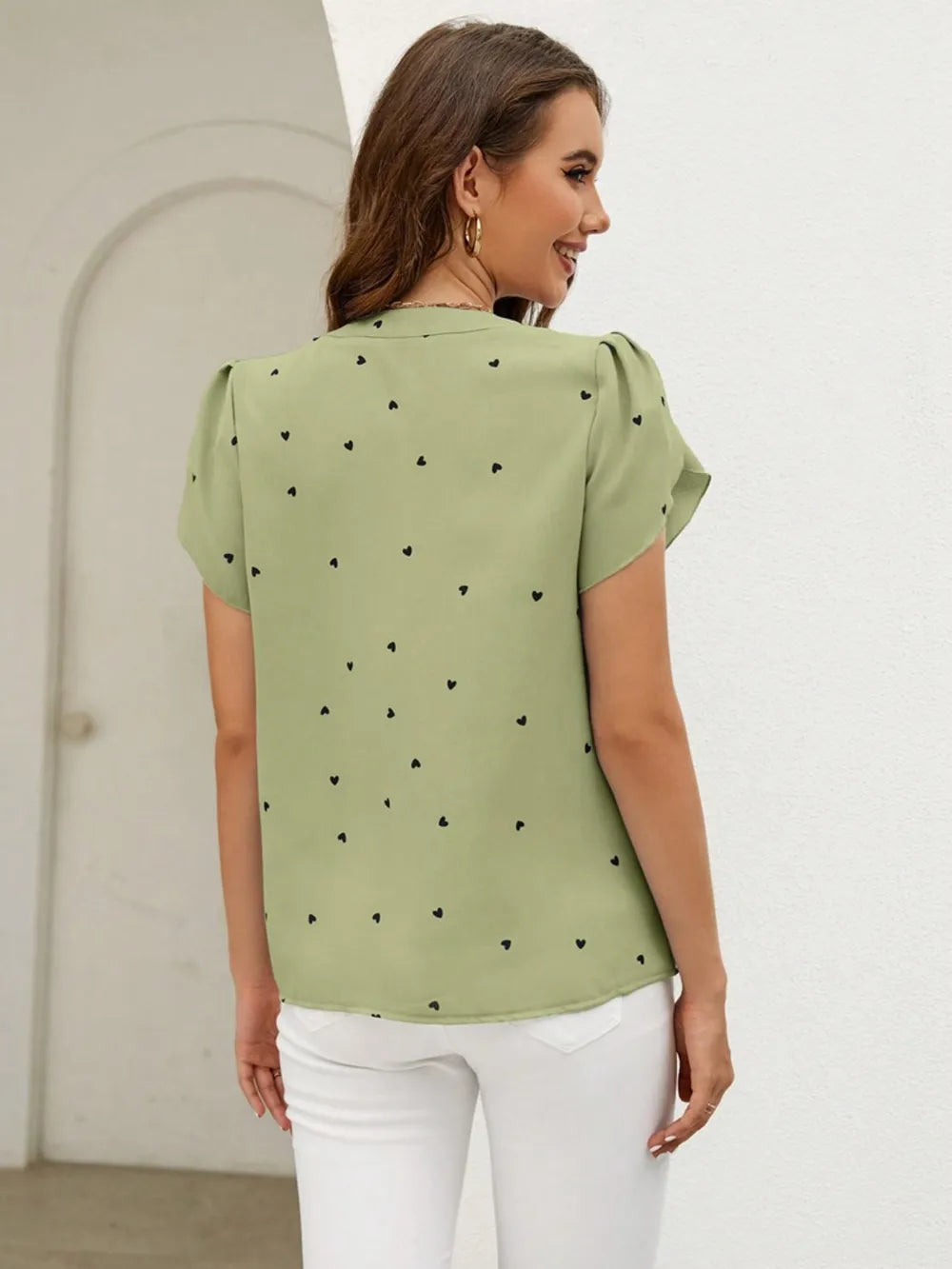 Women's V-Neck Heart Print Blouse – Petal Sleeve Pleated Front Elegant Top