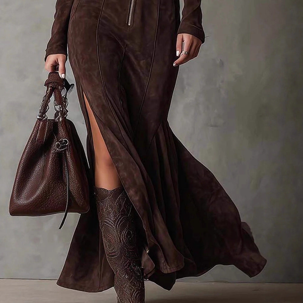 Women's Suede Velvet Zip-Front Fishtail Maxi Dress – Long Sleeve High Waist Mermaid Hem