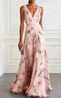 Women's Tulip Print Sleeveless Deep V-Neck A-Line Maxi Dress – 7 Colors
