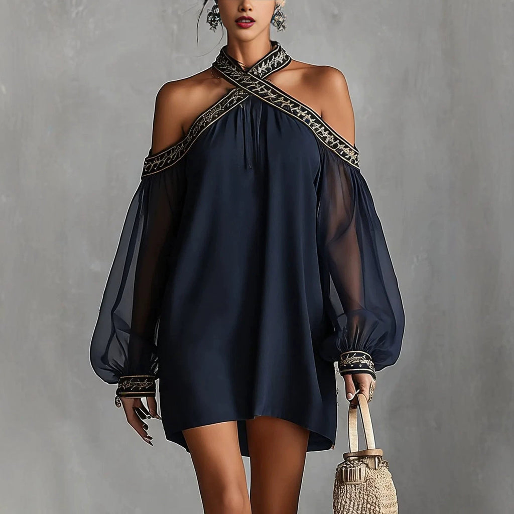 Women's Off-Shoulder Embroidered Mini Dress | Sheer Lantern Sleeve A-Line Resort Dress