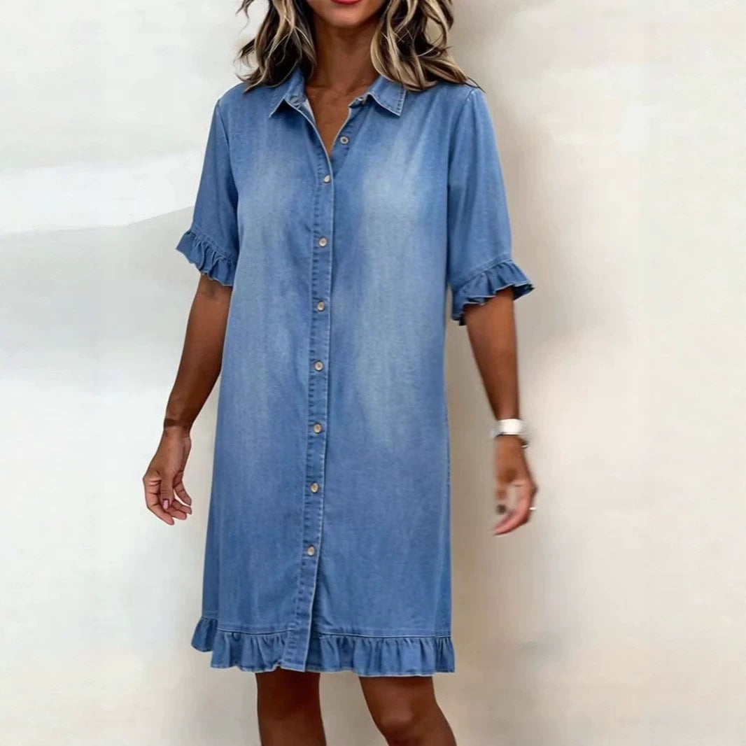 Women's Faux Denim Ruffle-Sleeve Shirt Dress