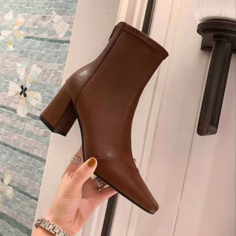Soft Leather Zip-Back Velvet-Lined Skinny Boots — Sleek Heels