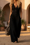 Women's Linen-Look V-Neck Jumpsuit – Textured, Sleeveless, Commuter Style