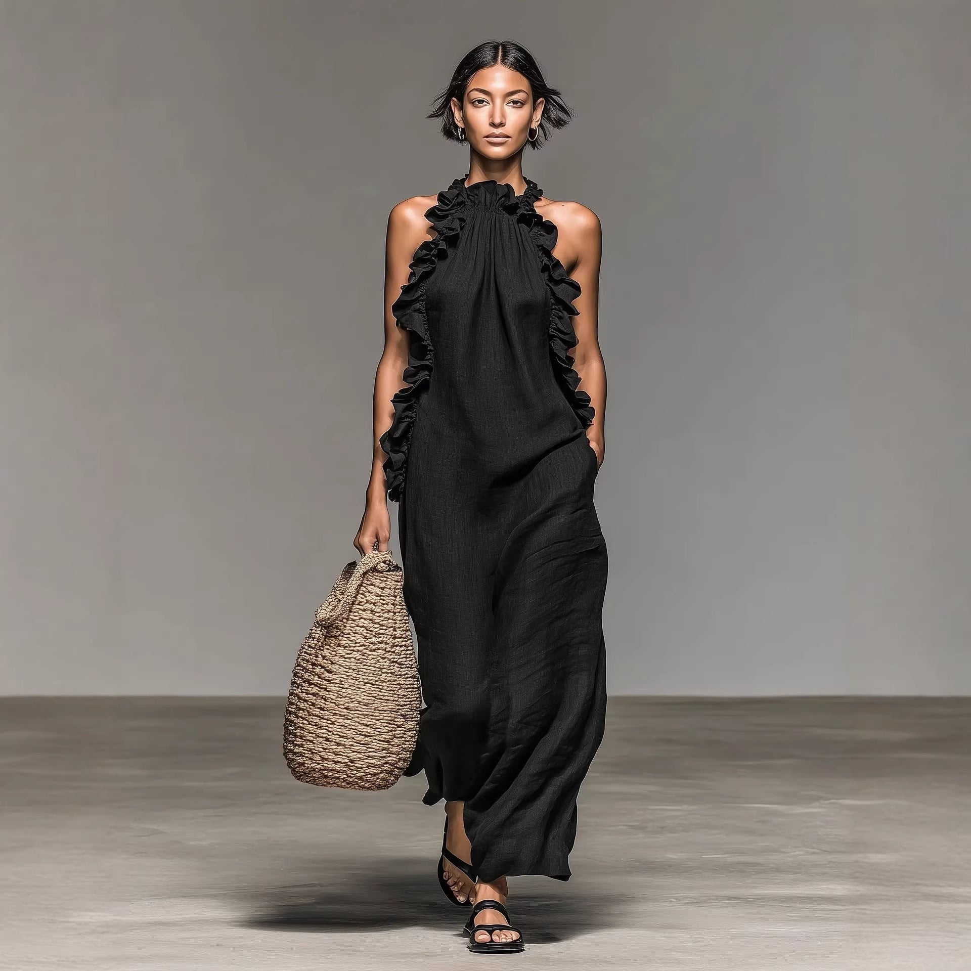 Women's Resort Ruffled Halterneck Sleeveless Open-Back Maxi Dress