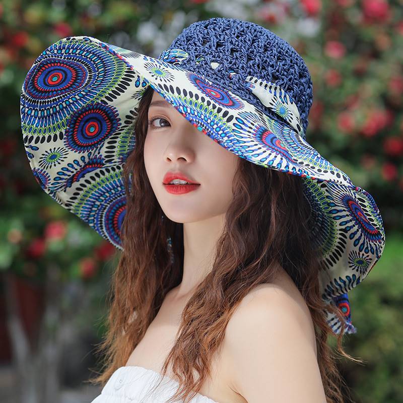 Women's Patterned Straw Beach Sun Hat – Round Crown UV Protection Summer Hat
