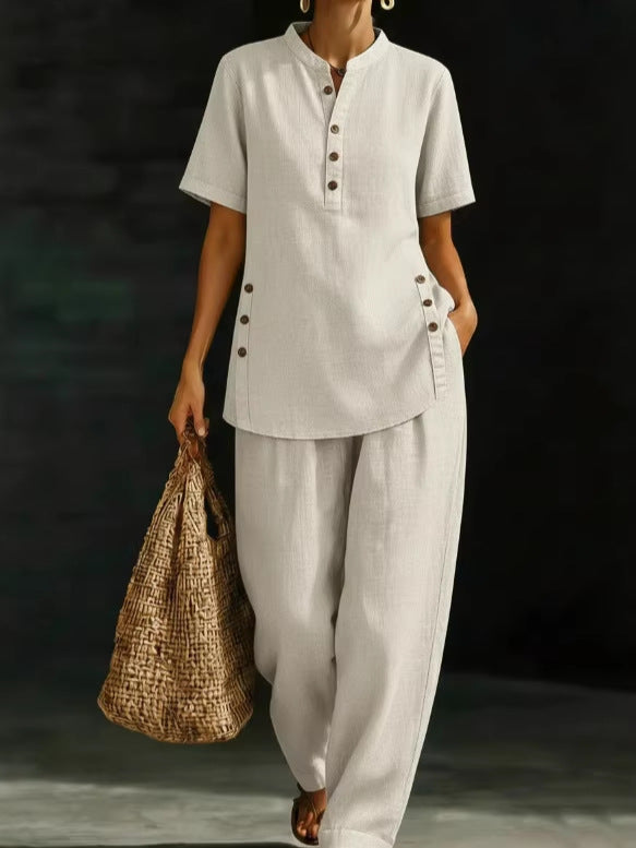 Three-Quarter Sleeve Shirt & Wide-Leg Pants Two-Piece Set – Solid Color Casual
