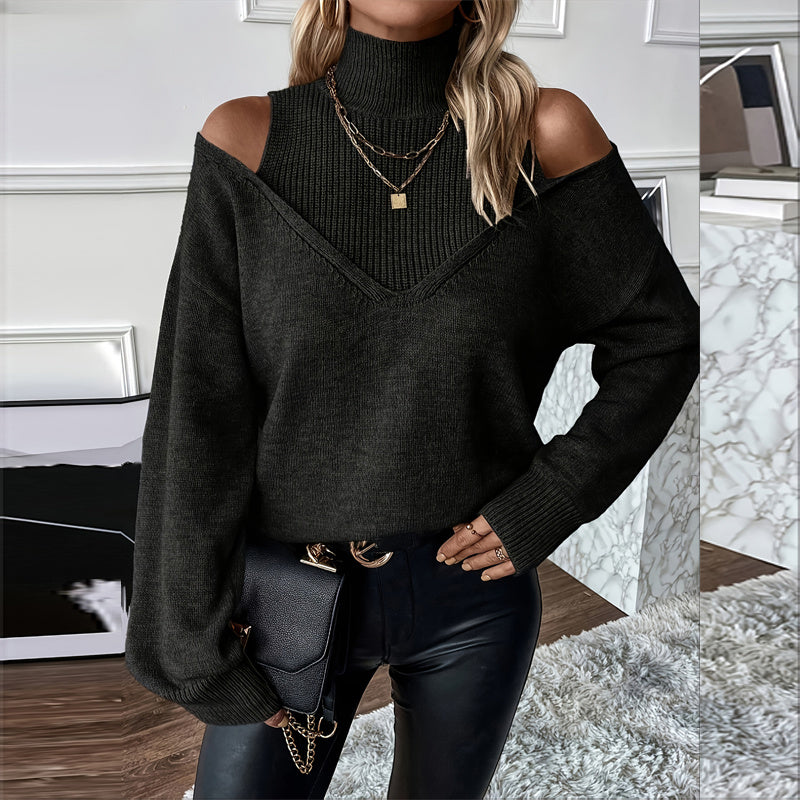 Women’s Elegant Off-Shoulder Turtleneck Sweater — Long Sleeve Knit Top