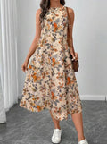 Floral Print A-Line Midi Dress with Pockets | Boho Vintage