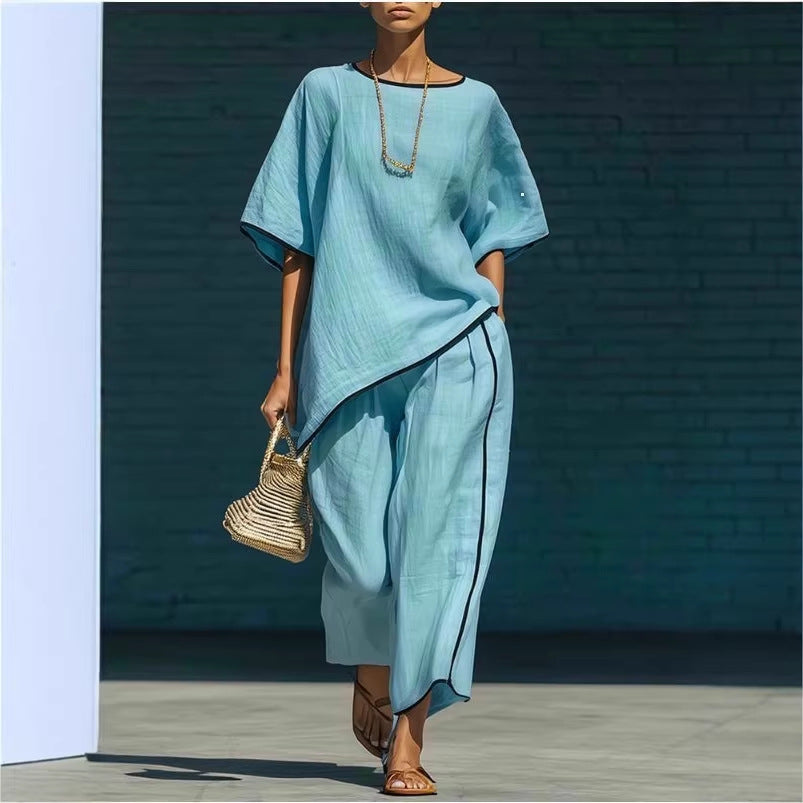 Women's Casual Resort Loose Short-Sleeve Top & Pants Set