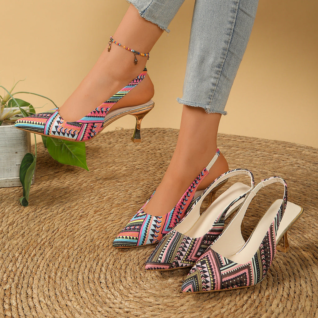 Women's Boho Geometric Print Slingback Stiletto Heels – Pointed Toe