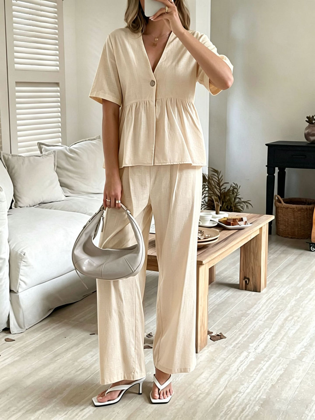 Women's V-Neck Loose Short-Sleeve Top & Wide-Leg Pants Set