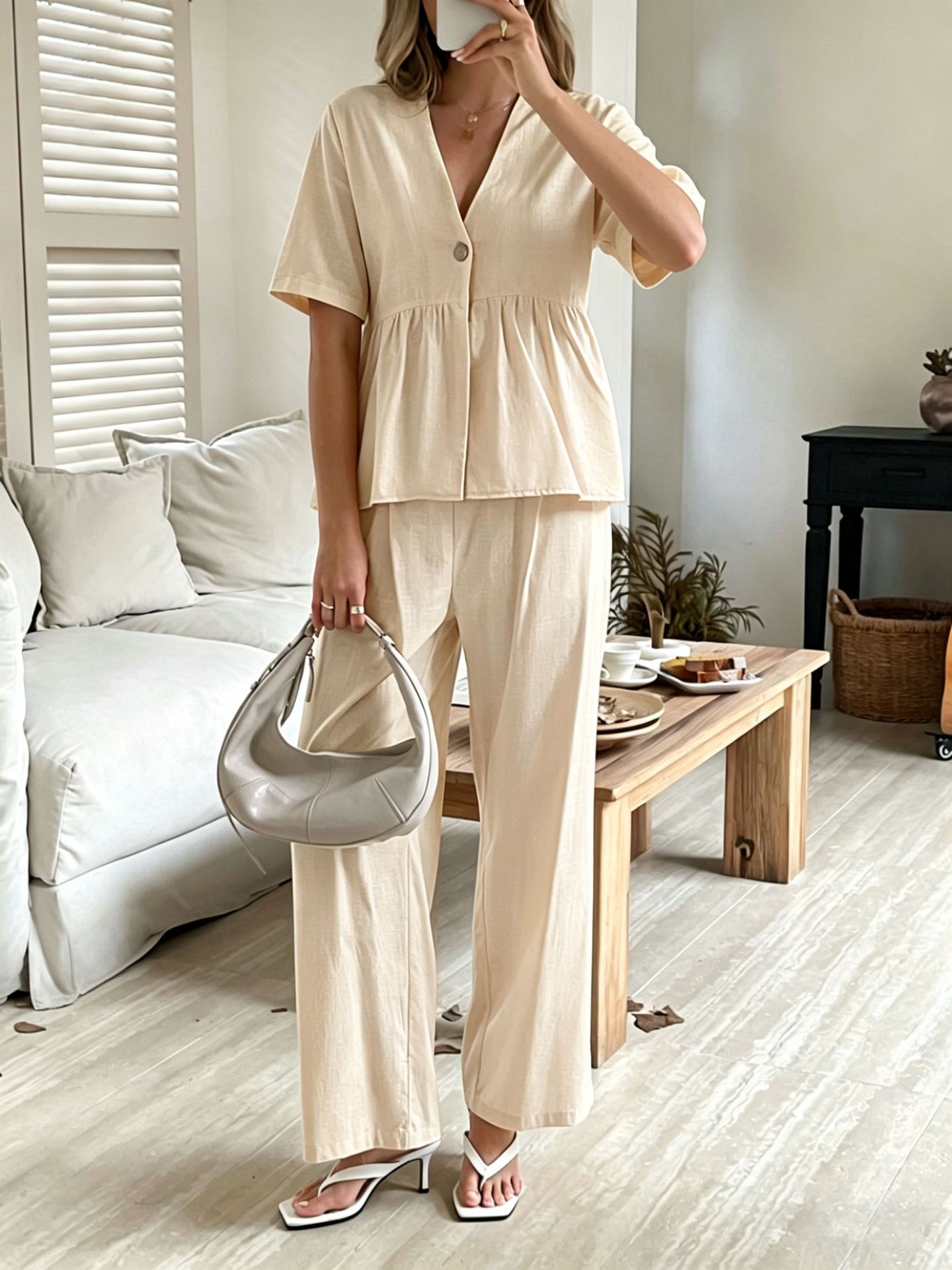 Women's V-Neck Loose Short-Sleeve Top & Wide-Leg Pants Set