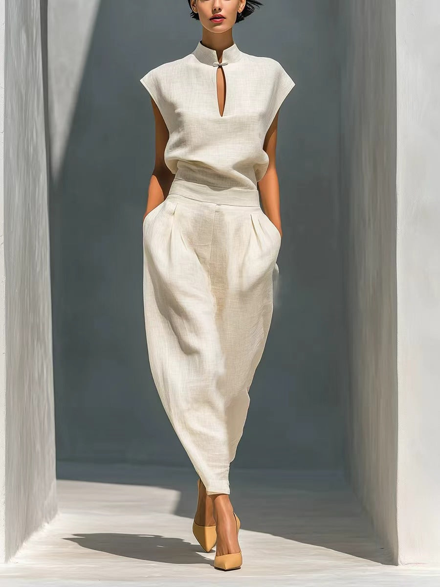 Women's Chinese-Style Satin Short-Sleeve Top & Pants Set