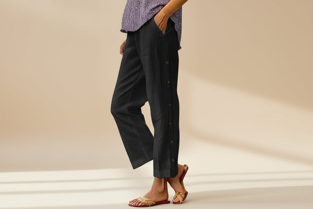 Cropped Pants With Decorative Buttons Along the Side Seams