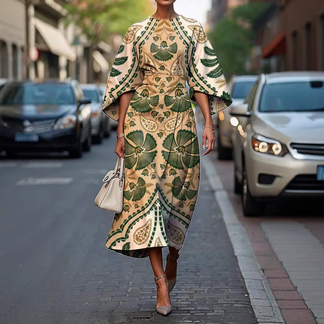 Geometric Print Batwing Sleeve Flowy Maxi Dress – 12 Styles, XS–XXXL