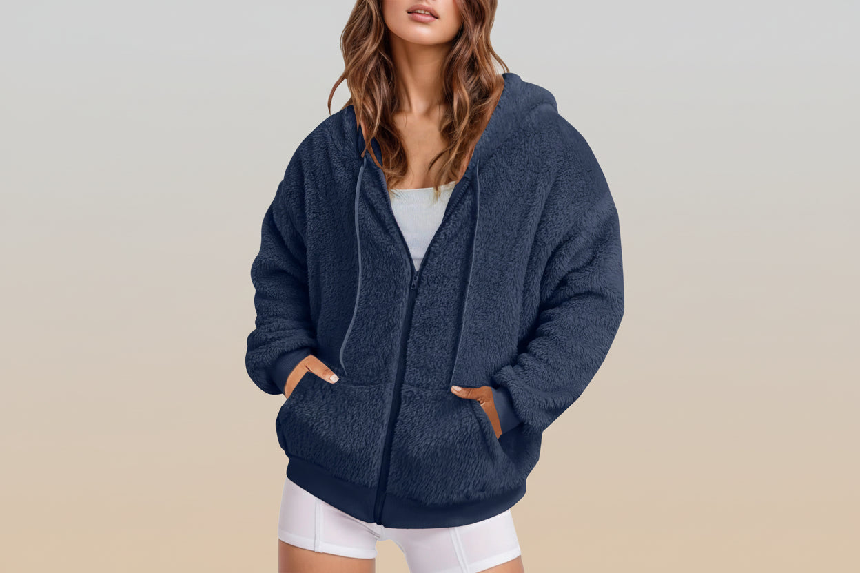 Long Zip-Up Hoodie – Soft Cotton Velvet, Oversized Fit