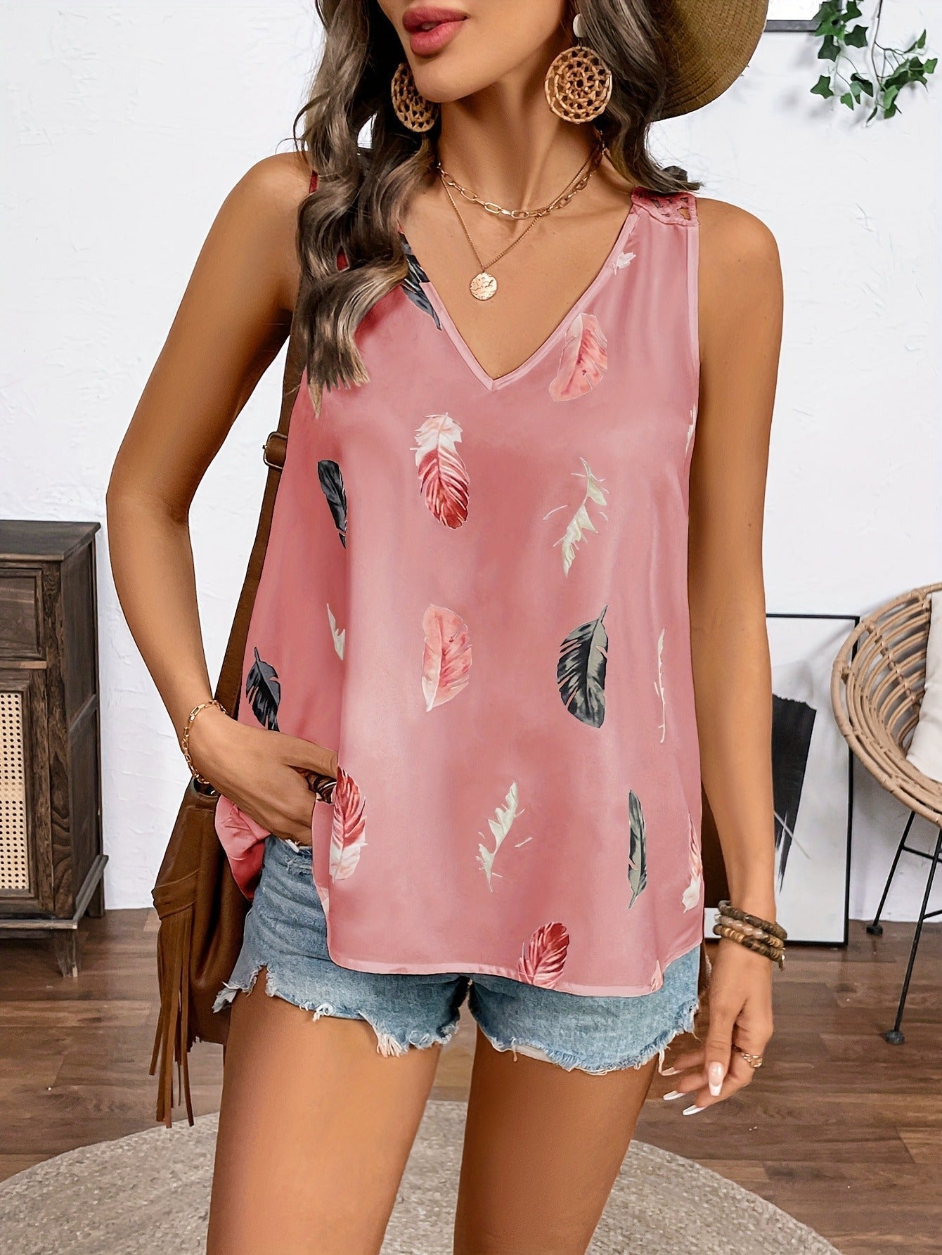 Women’s Feather Print V-Neck Camisole
