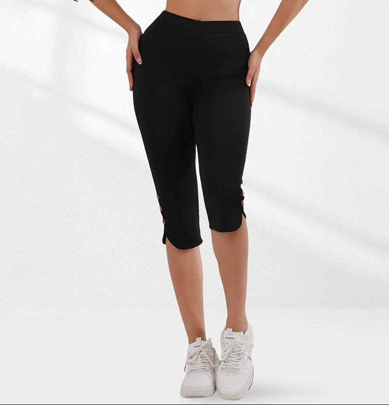 Women's High-Waisted Slim Capri Pants with Slit Hem — Black