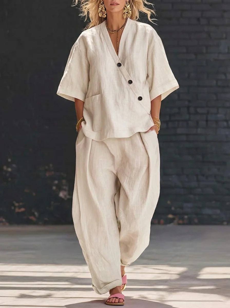 V-Neck Short Sleeve Top & High-Waist Trousers Two-Piece Set