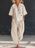 V-Neck Short Sleeve Top & High-Waist Trousers Two-Piece Set