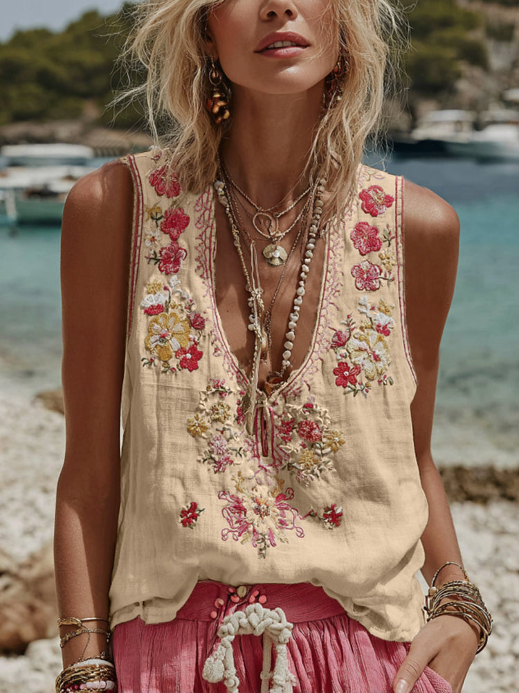 Women's Botanical Floral Print V-Neck Tank Top – 3D Digital Print