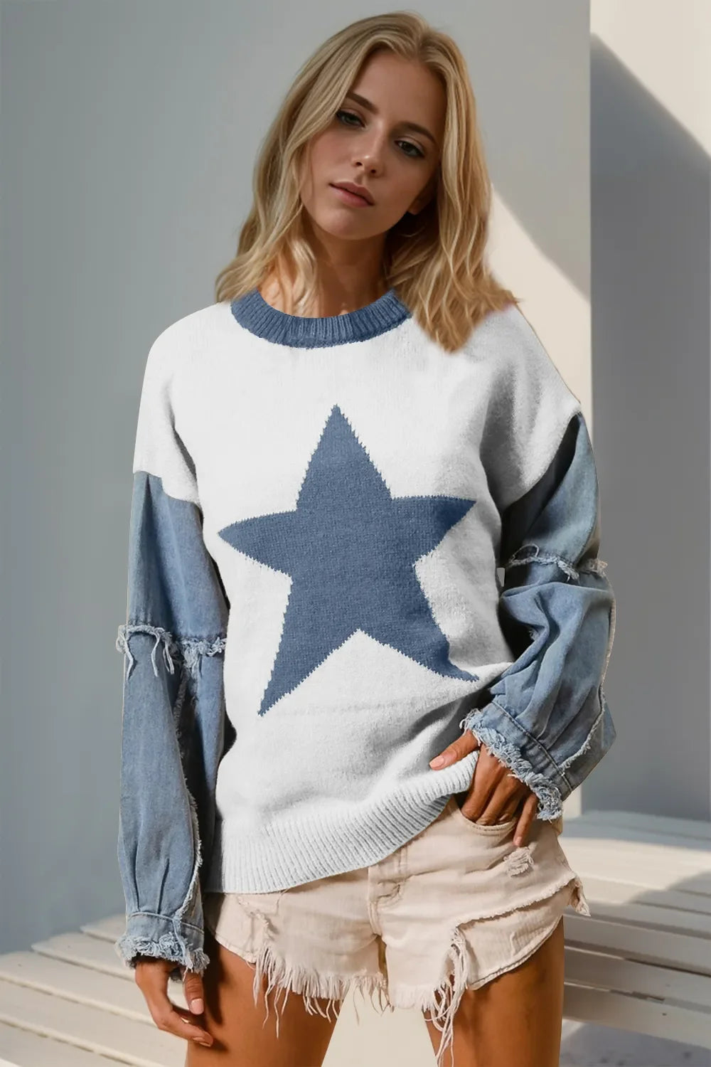 Double Take Star-Pattern Raw-Edge Long Sleeve Sweater
