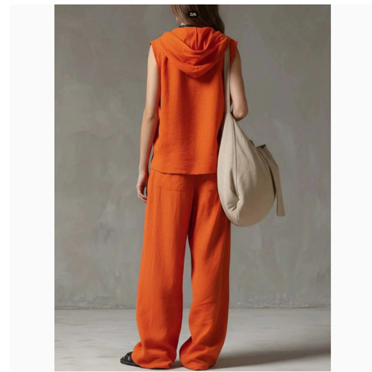Sleeveless Hooded Top & Wide-Leg Pants Set | High-Waist Two-Piece
