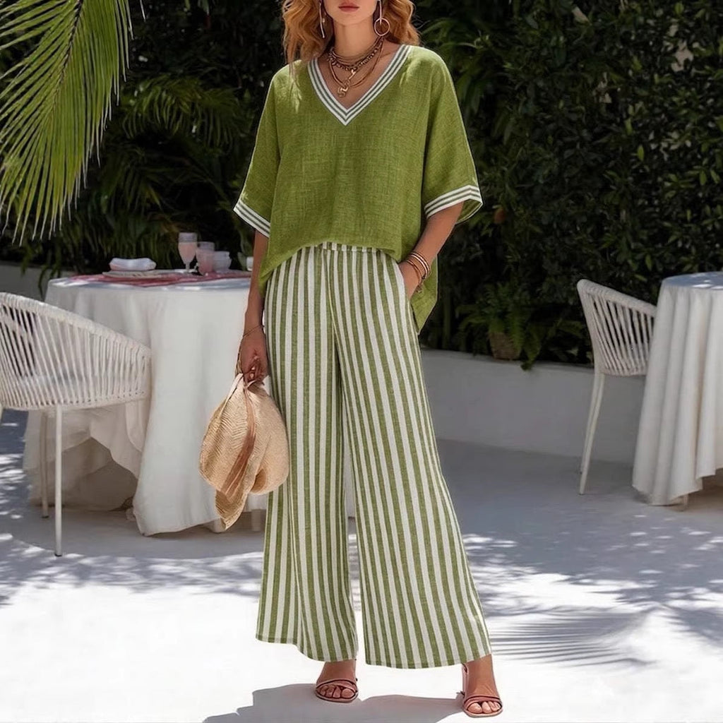 Women's Striped Tunic Top & Casual Trousers Two-Piece Set