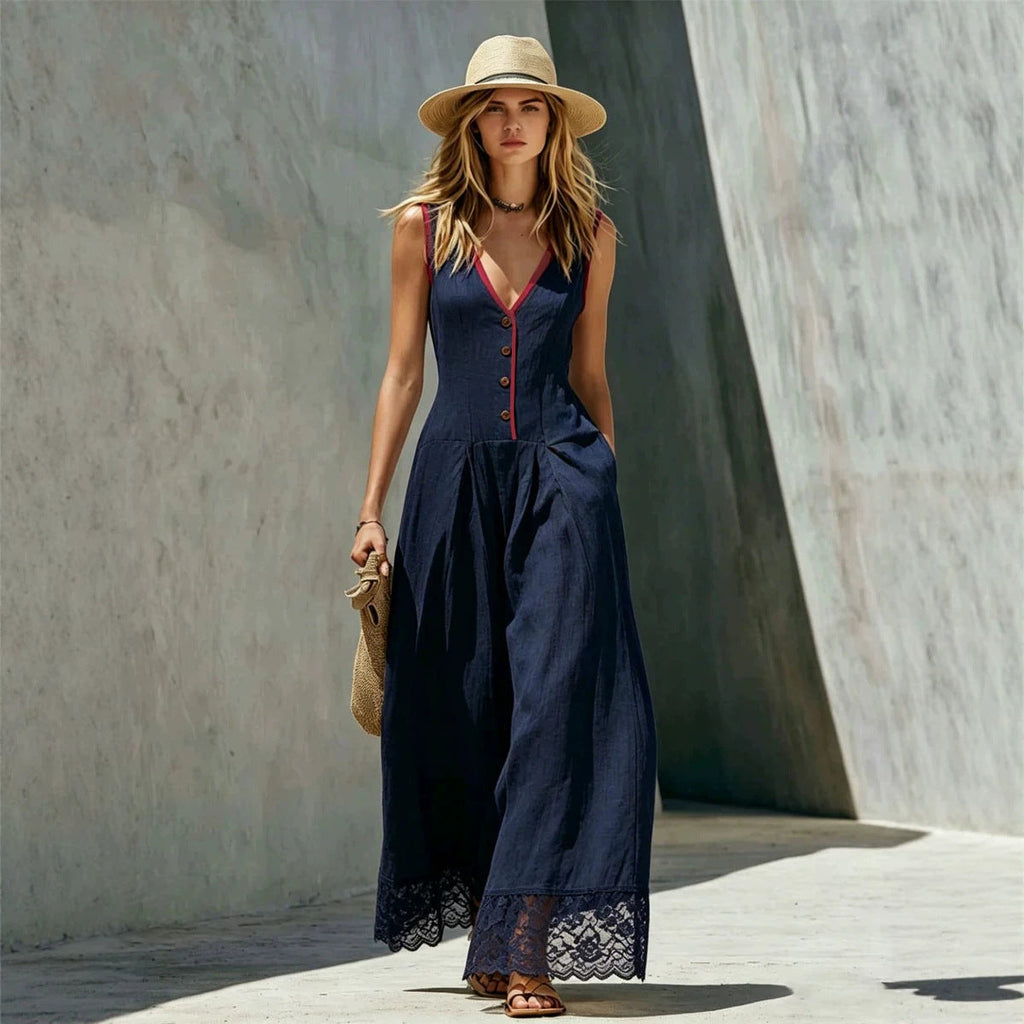 Women's Lace-Spliced Jumpsuit with Pockets – Sleeveless, High Waist, Straight Leg