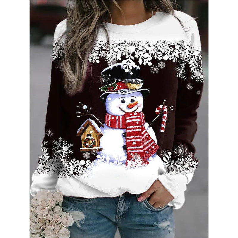 Snowman Printed Panel Loose Sweater – Casual Holiday Knit for Women
