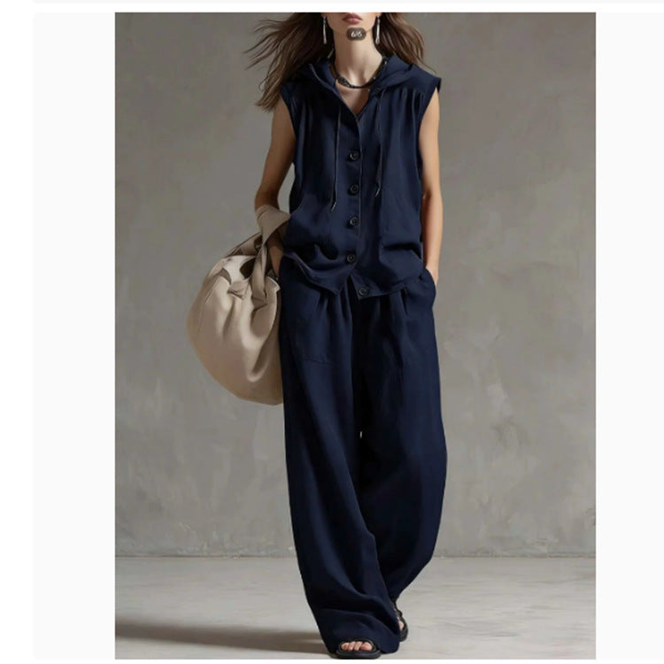 Sleeveless Hooded Top & Wide-Leg Pants Set | High-Waist Two-Piece