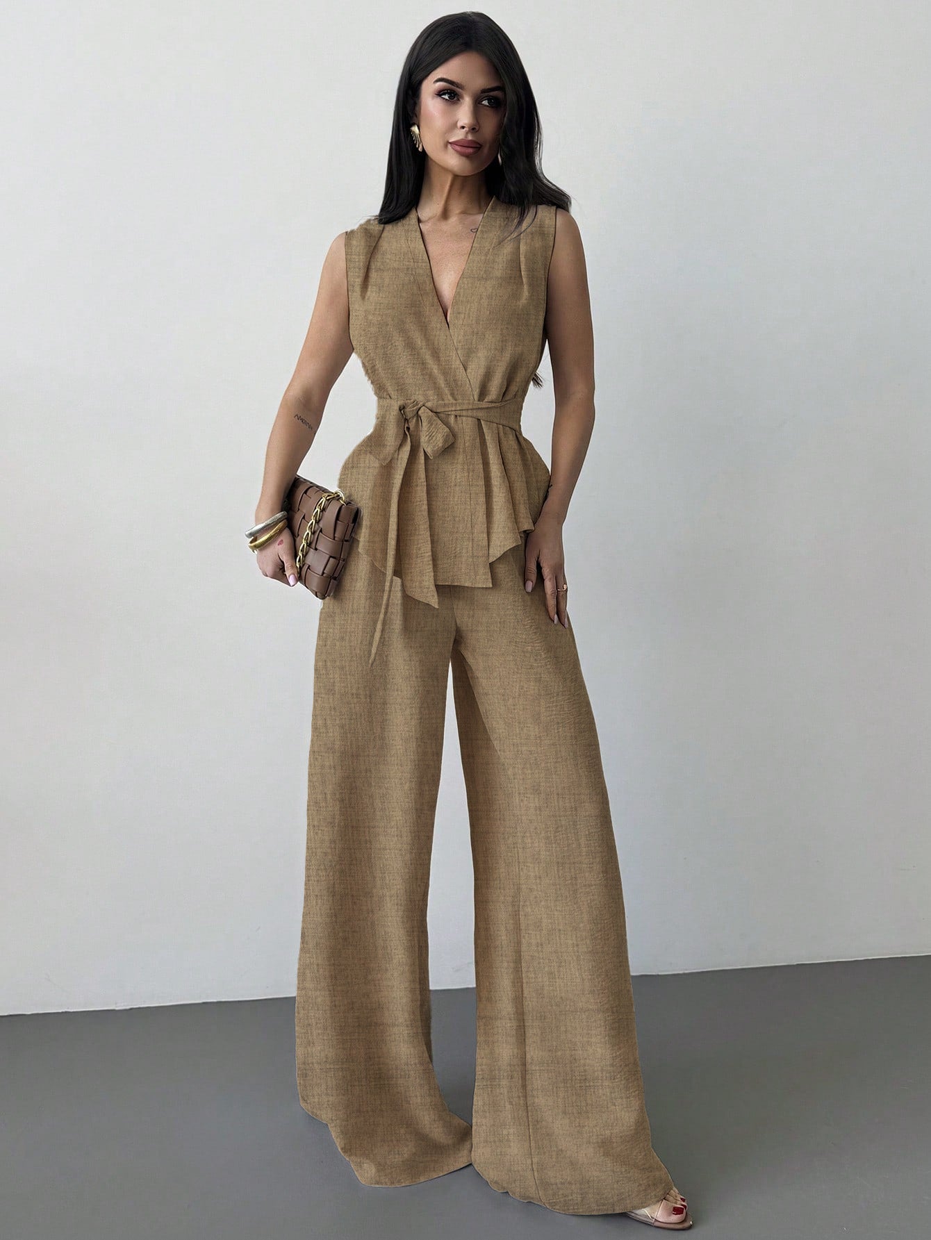 Women's Lace-Up V-Neck Vest & Pants Two-Piece Set – Elegant Commuter