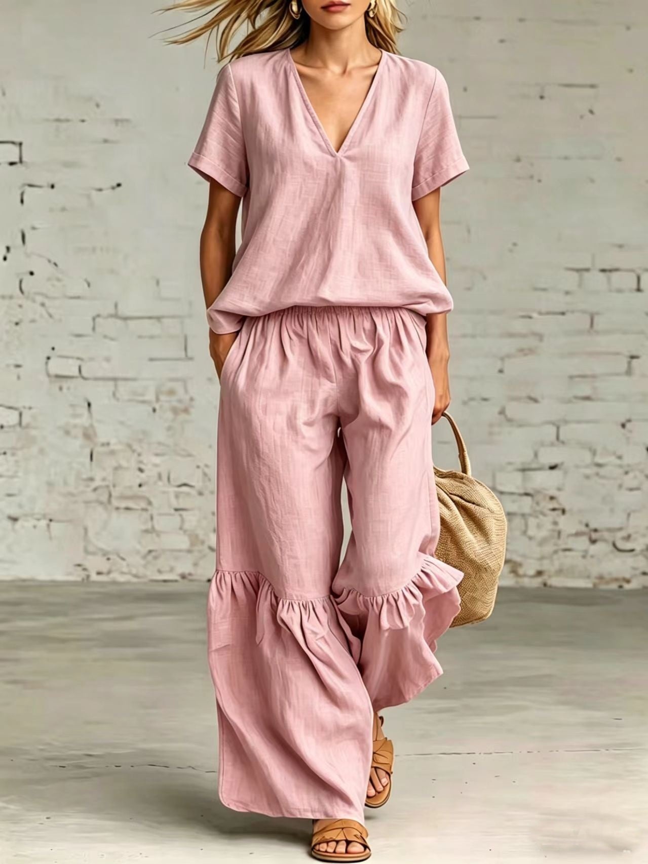 V-Neck Loose Short-Sleeve Top & Pants Set – 7 Colors, S–5XL