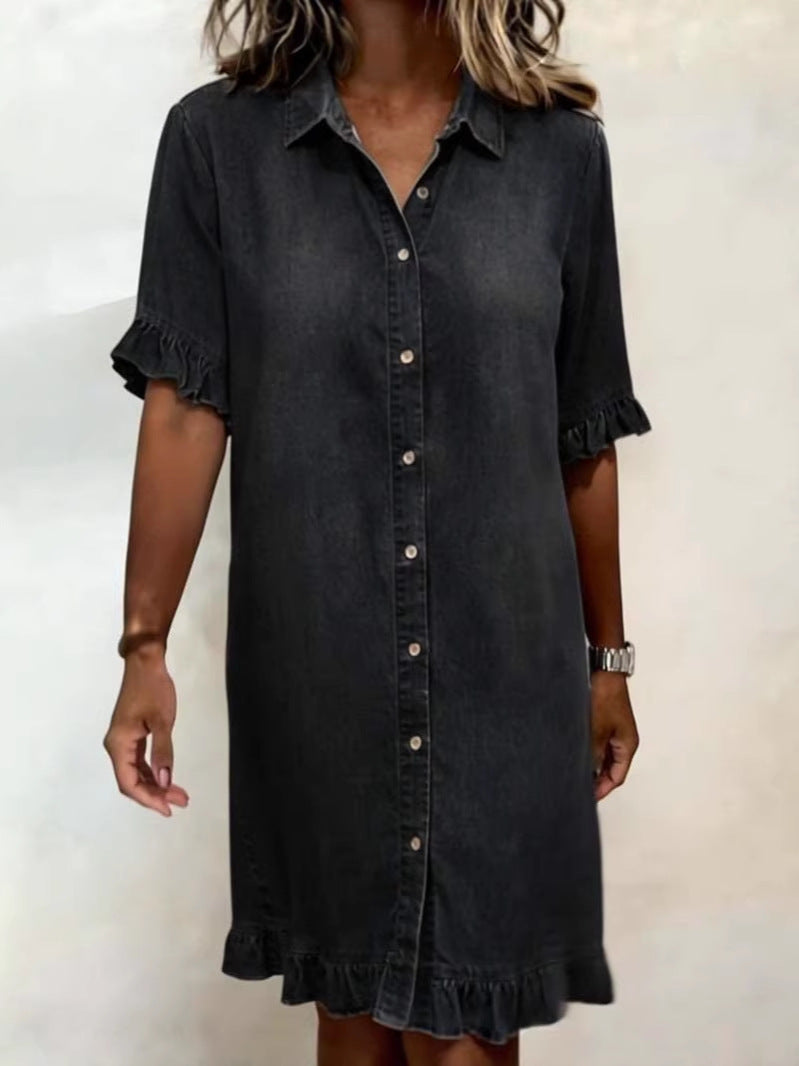 Women's Faux Denim Ruffle-Sleeve Shirt Dress