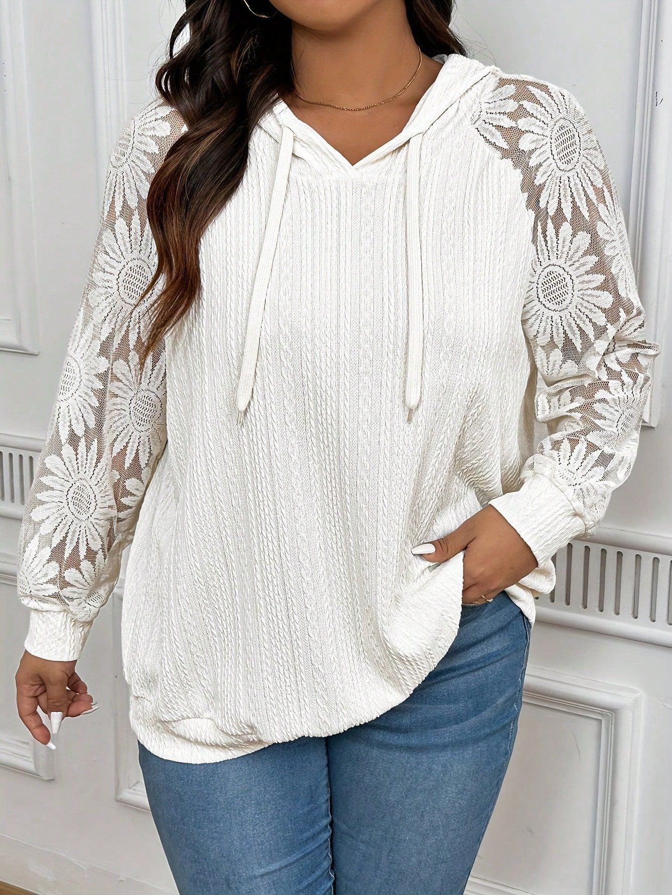 Women's Round-Neck Hollow-Out Lace Paneling Long Sleeve Pullover – White