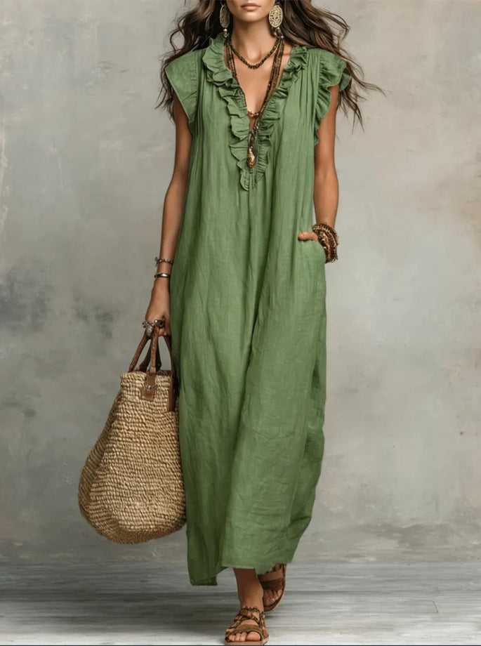 Women's Sleeveless Ruffle Pocket Maxi Dress