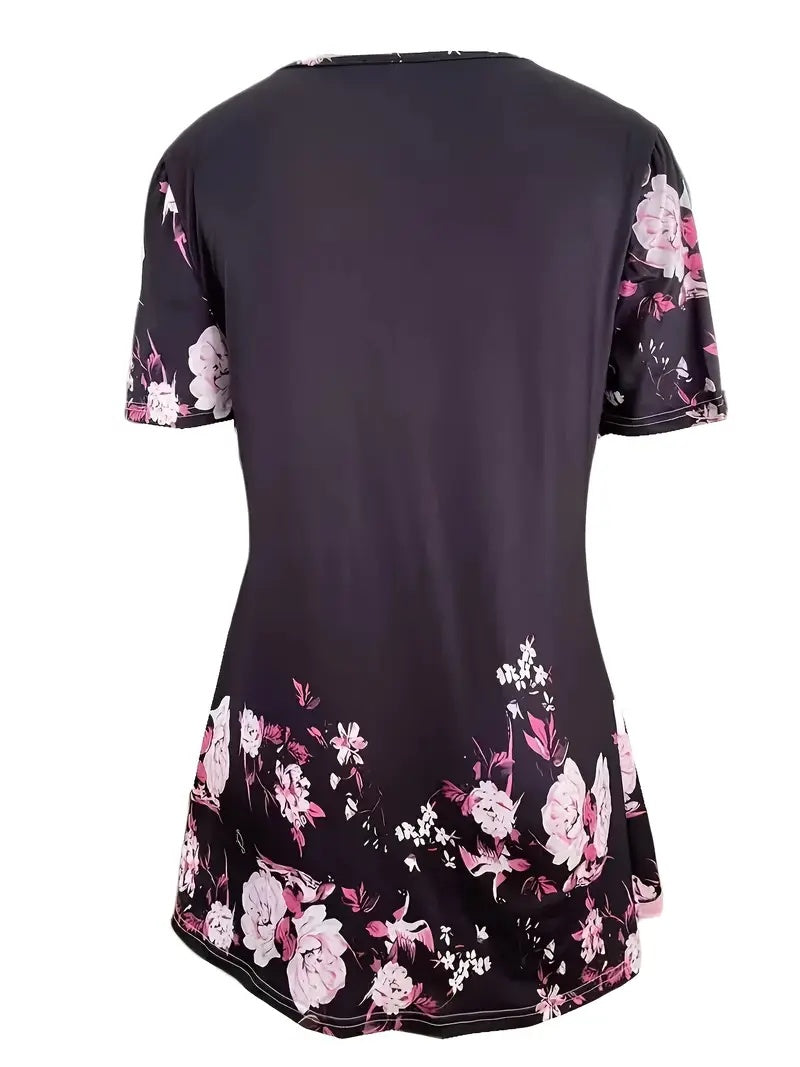 Women’s Printed Faux Two-Piece V-Neck Short Sleeve Top