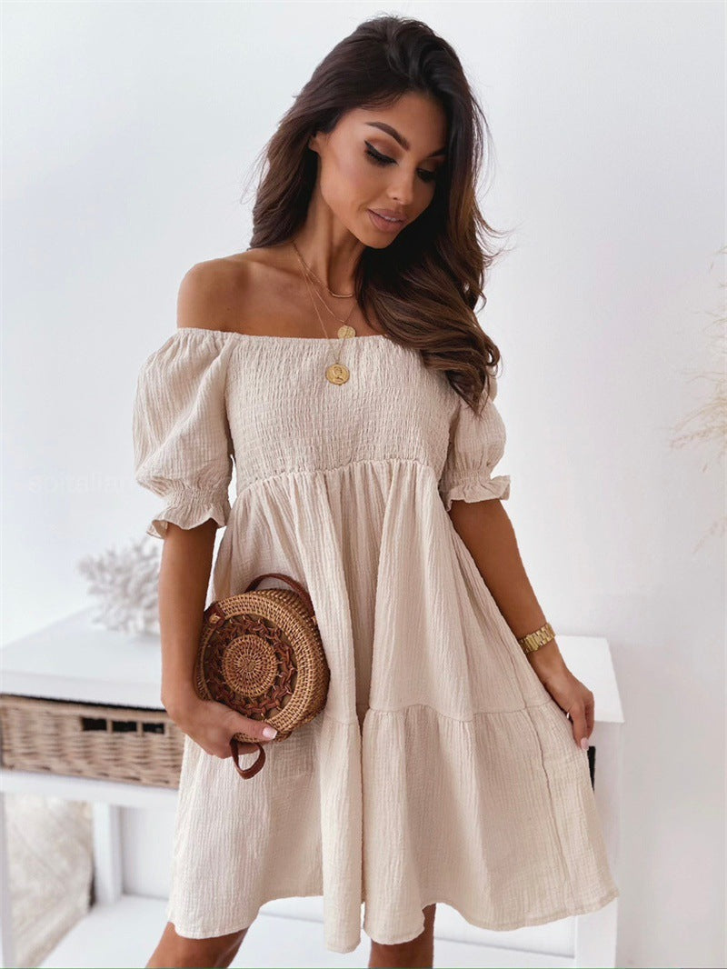 Casual One Word Collar Wrinkle Puff Sleeve Mid Dresses
