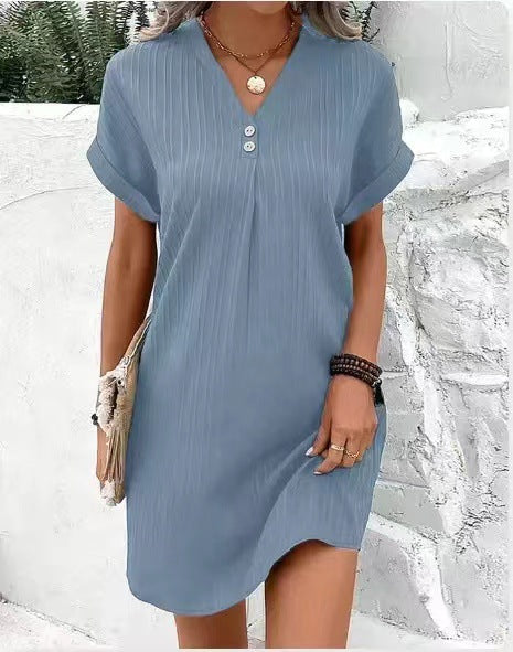 Button-Front V-Neck Dress – Short Sleeve Solid Casual Shirt Dress