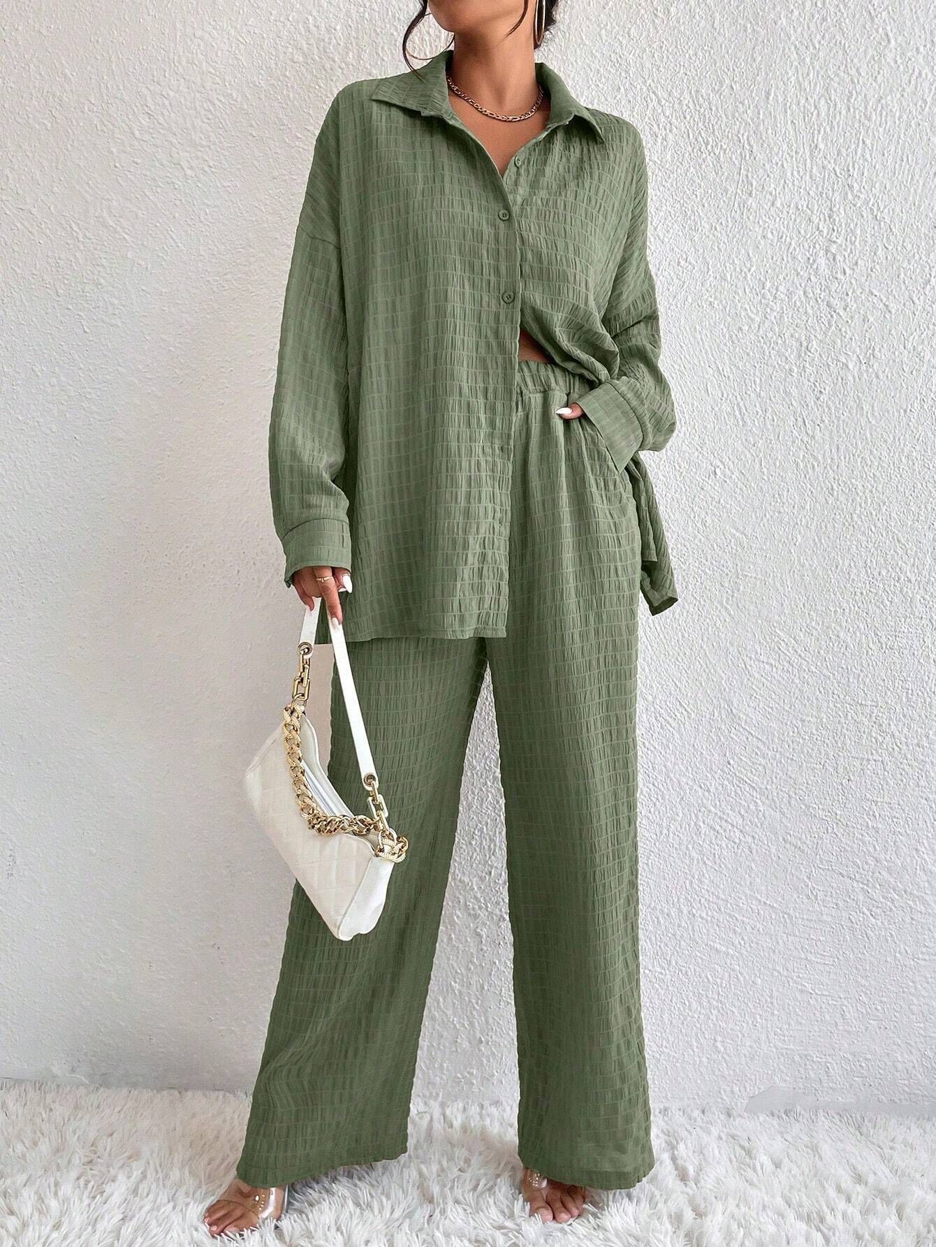 Women's Pleated Long Sleeve Lapel Two-Piece Set – Loose Top & Pants