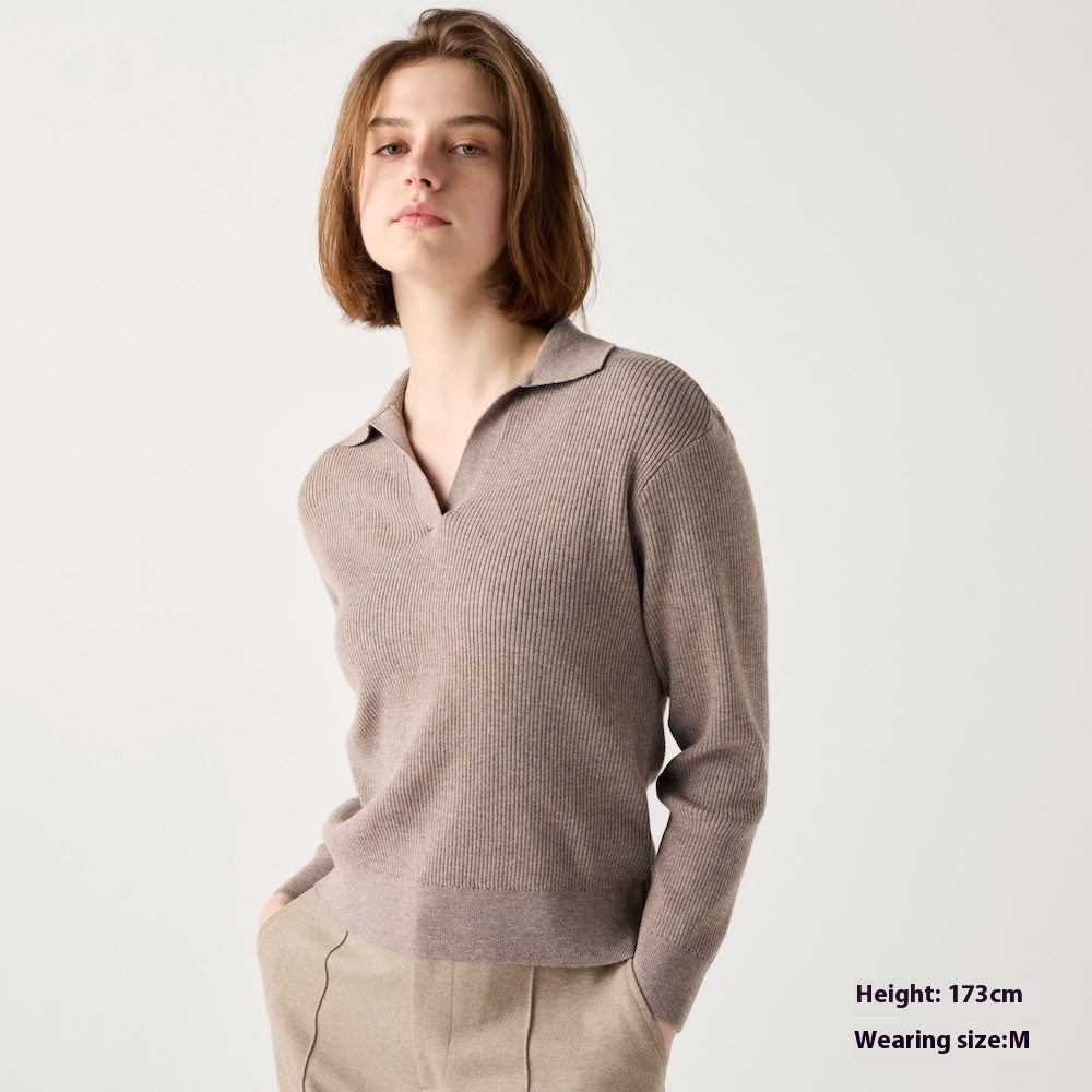 Women’s Ribbed Half-Open Collar Sweater