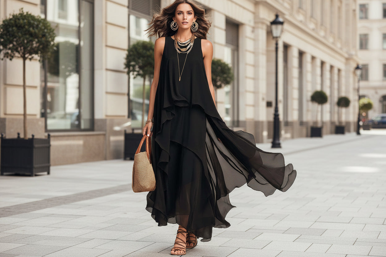 Asymmetrical Ruffle Mesh Chiffon Sleeveless Maxi Dress – Black, XS–XXL
